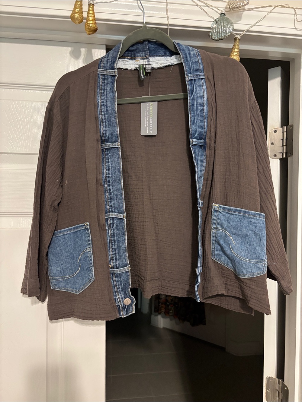 Relaxed Cotton Blend Jacket with Denim Trim - Brown